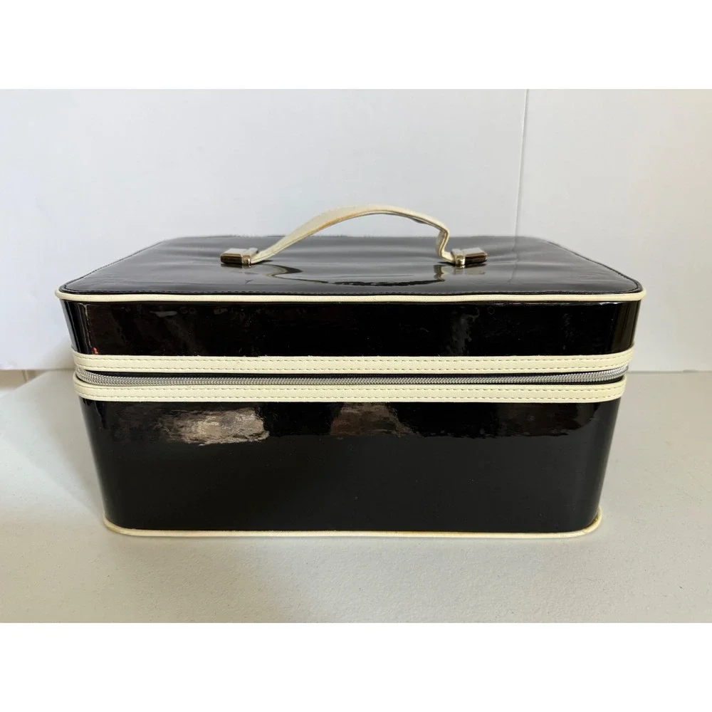 Lancome Paris Black Patent Vanity Case Makeup Trunk Eiffel Tower Zipper Pulls